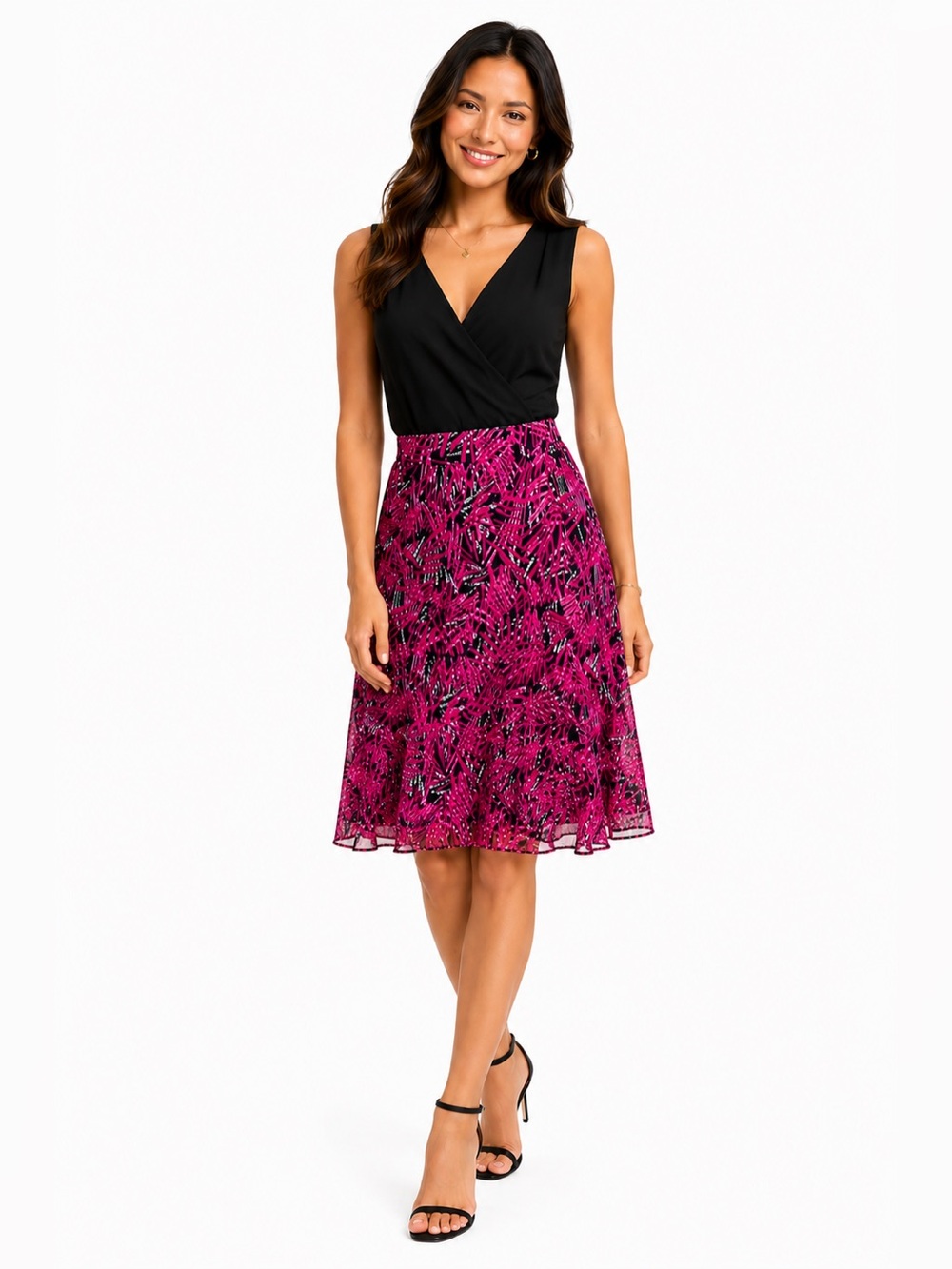 Alfred Dunnar Petite Chiffon Fuchsia & Black Midi Skirt Size 10 Petite